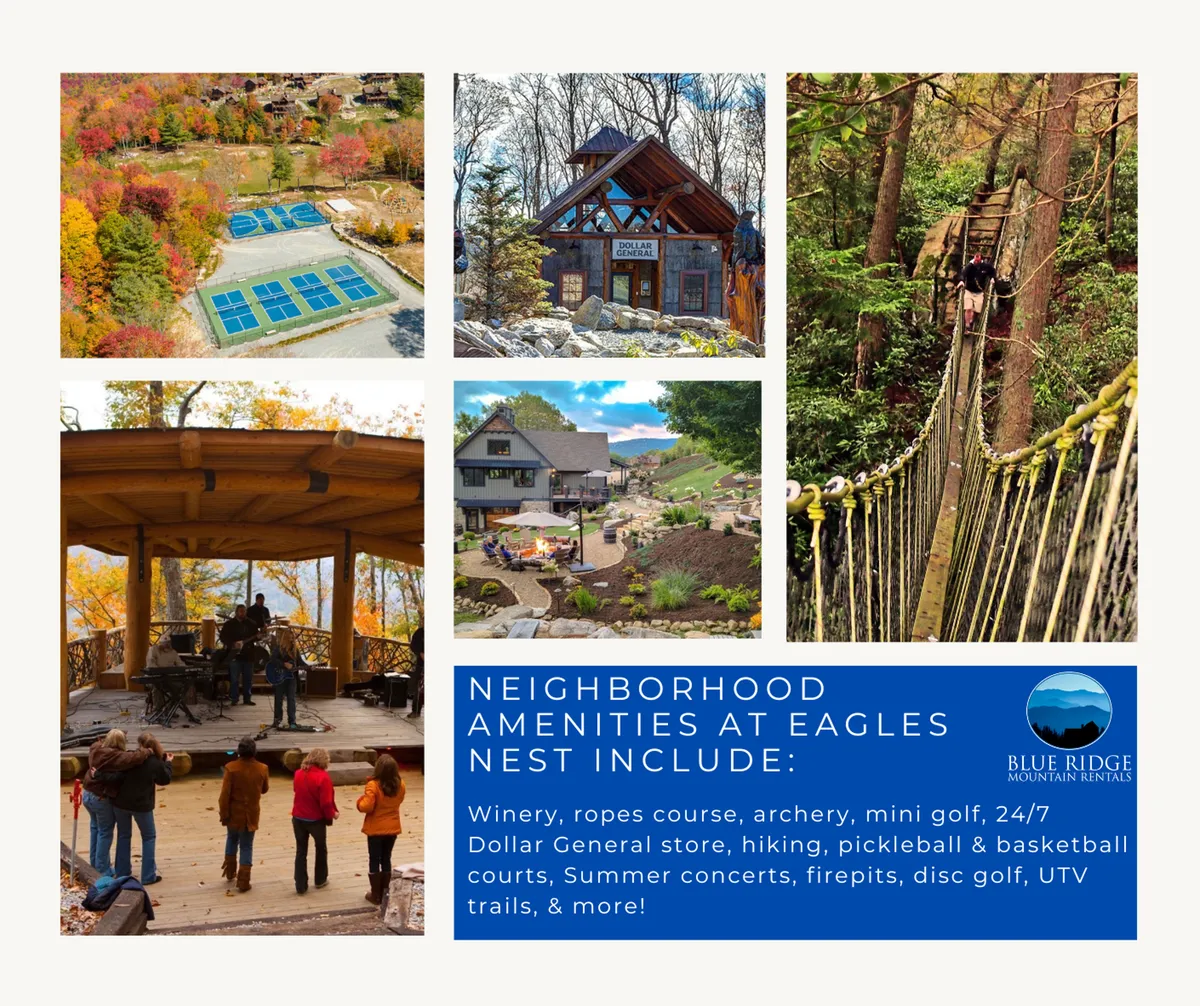 An inviting outdoor ropes course is the central focus, with an adjacent outdoor concert stage and surrounding amenity facilities. The scene is framed by gorgeous mountain views, conveying a sense of fun, challenge, and community in a natural setting.